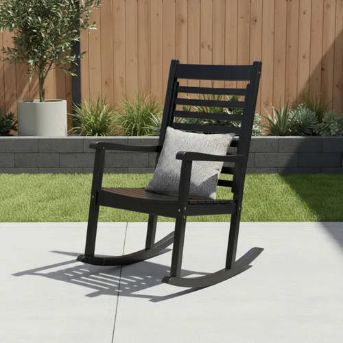 Vista 6 de Silla mecedora de madera moderna de Shine Company, balancín de porche ergonómico de asiento ancho, color negro
