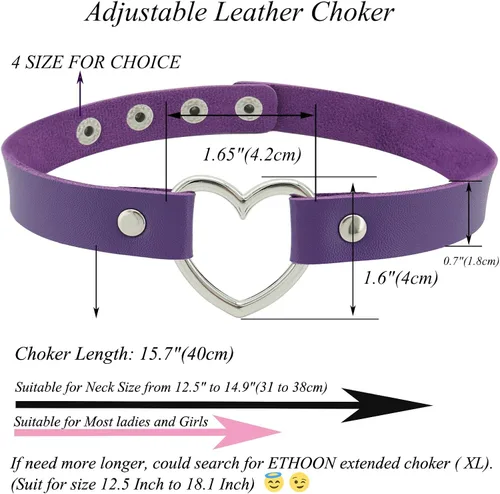 Vista 2 de ETHOON Gargantilla ajustable de piel con corazón, estilo punk, estilo gótico, collar suave con cadena, para mujeres y niñas