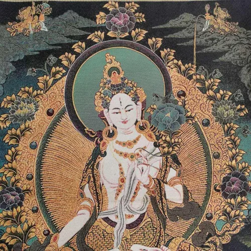 Vista 6 de GEEYOU Bordado de seda tibetano Thangka budismo blanco Tara Guanyin Kwan-yin Tangka Mural Tangka colgante de pared para decoración del hogar, tapiz