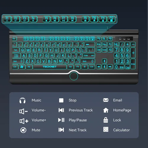 Vista 8 de TECKNET Teclado retroiluminado de impresión grande, teclado de computadora USB-A con cable con reposamuñecas, retroiluminación de 7 colores, teclas