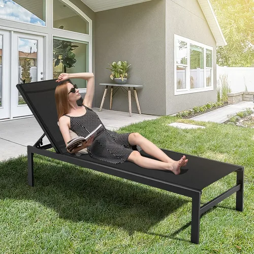 Vista 2 de Tangkula Tumbona de aluminio para patio, sillón ajustable para exteriores con respaldo de 6 posiciones, marco de aluminio resistente, tela Negro