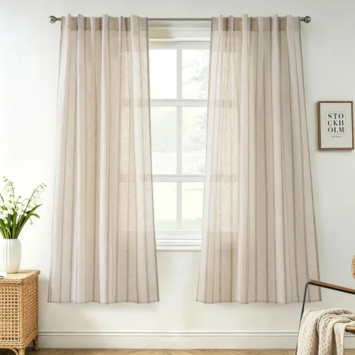 Vista 105 de DriftAway Cortinas de estilo granja con rayas verticales de lino mezclado texturizado con filtro de luz semitransparente para sala de estar