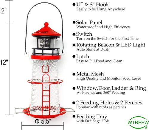 Vista 5 de Comedero Solar para Pájaros Faro con Baliza Giratoria - 14" Colgante Mejor Regalo de Comedero para Amantes de las Aves (Rojo Manzana).