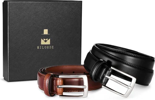 Vista 5 de MILORDE Cinturón de vestir de cuero para hombre, 2 unidades, hecho a mano, cuero genuino, diseños clásicos y modernos para el trabajo, negocios