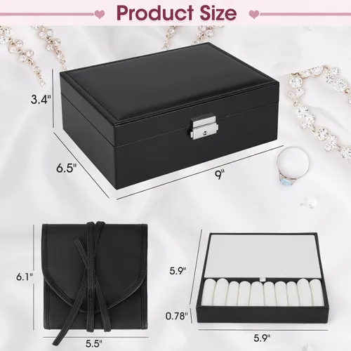 Vista 4 de Joyero organizador para mujeres y niñas, 2 capas de viaje con rollo de joyería plegable, juego de almacenamiento de joyas de cuero para anillos