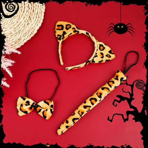 Vista 7 de Abeillo Conjunto de disfraz de animales, diadema de orejas, pajarita y cola para Halloween Cosplay