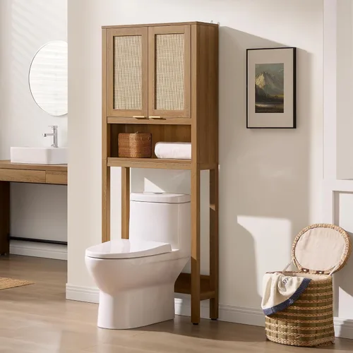 Vista 11 de SICOTAS Over the Toilet Storage Cabinet, Rattan Door Bathroom Organizer Roble claro recuperado