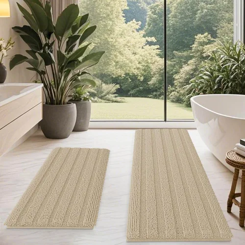 Vista 55 de ACCUMTEK - Juego de alfombras de baño a rayas beige de 3 piezas, ultrasuaves, antideslizantes de chenilla, alfombras de baño mullidas y absorbentes