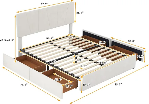 Vista 2 de SOFTSEA Marco de cama tapizado completo con 4 cajones, marco de cama de plataforma de terciopelo con cabecera ajustable