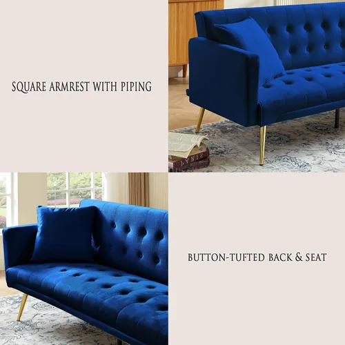 Vista 6 de Anwick Sofá Cama Futón de Terciopelo Moderno de 72", Sofá Cama Plegable Convertible con 3 Respaldos Ajustables, Sofá de Dos Plazas Reclinable Azul