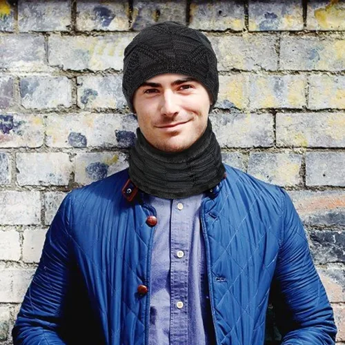 Vista 6 de Winter Beanie Hat Scarf Gloves Set 3 Pieces Mens Warm Knit Thick Slouchy Cap Neck Warmer Touchscreen Gloves Set