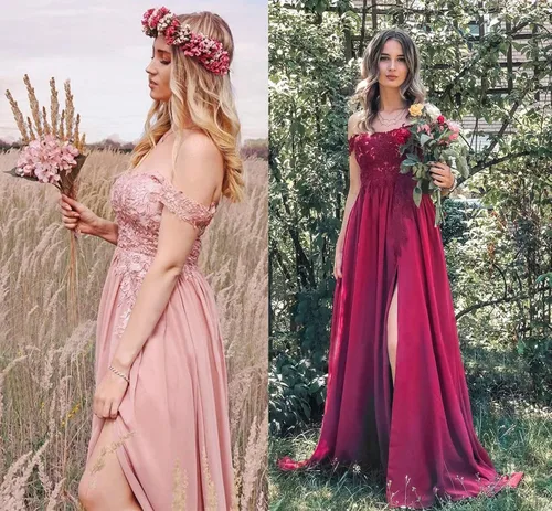 Vista 4 de Miao Duo Vestidos largos de graduación con hombros descubiertos para mujer, con abertura de encaje, apliques de gasa, vestidos formales de fiesta