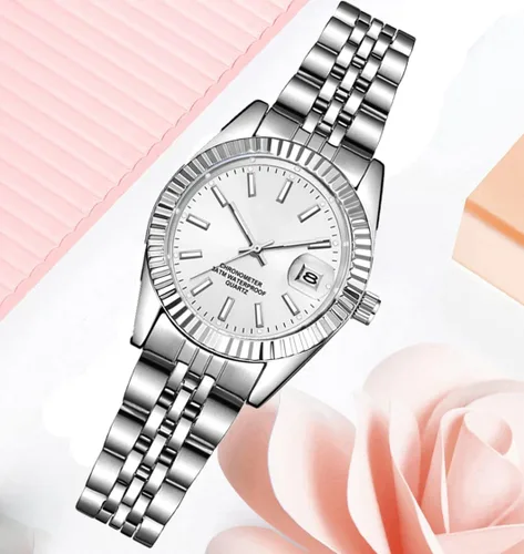 Vista 3 de Reloj analógico de cuarzo para mujer, clásico, plateado, de acero inoxidable, resistente al agua, reloj analógico