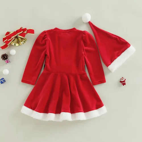 Vista 3 de woshilaocai Vestido de Navidad para niñas pequeñas, vestido de terciopelo con lazo de Papá Noel con sombrero, vestidos de fiesta para fotos