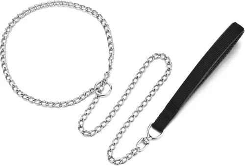 Vista 5 de Correa y collar de metal para perro, cadena a prueba de mordidas de 4 pies con cadena en P, correa resistente para mascotas con mango acolchado