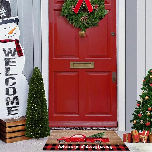 Vista 4 de Tapete de cocina de Feliz Navidad, 2 piezas, acolchado, antifatiga, alfombra de camino de cocina, camión rojo con árbol de Navidad, tapete de madera
