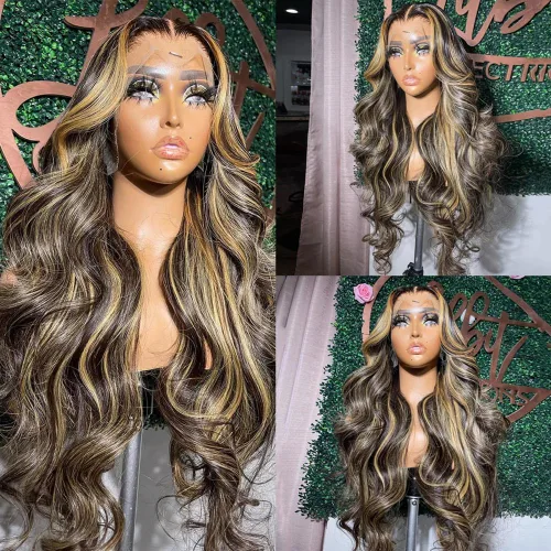 Vista 4 de Lemoda FB/27 Balayage - Pelucas de cabello humano con encaje frontal de 13 x 6 pulgadas, color degradado, ondulado, HD, transparente, encaje