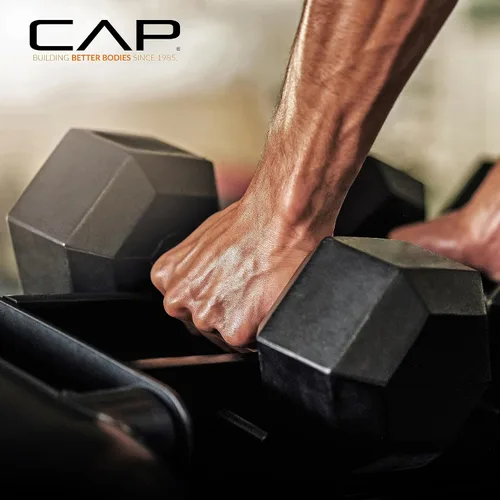 Vista 8 de CAP Barbell Juego de Mancuernas Hexagonales Recubiertas de 150 libras con Mango de Cobre y Soporte Vertical