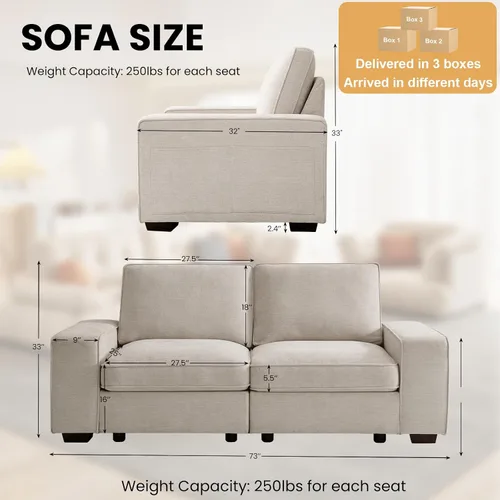 Vista 2 de TEKAMON - Sofá modular de 73" con almacenamiento en el asiento, sofá biplaza moderno de tela de chenilla para sala de estar, oficina, apartamento
