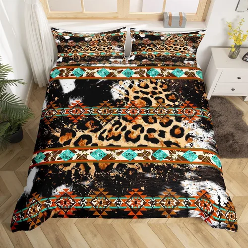 Vista 15 de Erosebridal Funda de edredón de piel de vaca marrón con estampado de vaca de las tierras altas, juego de ropa de cama occidental exótico azteca