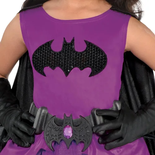 Vista 4 de SUIT YOURSELF Disfraz de Batgirl púrpura de Halloween para niñas pequeñas, Batman, 3-4T, incluye vestido, capa, máscara y más