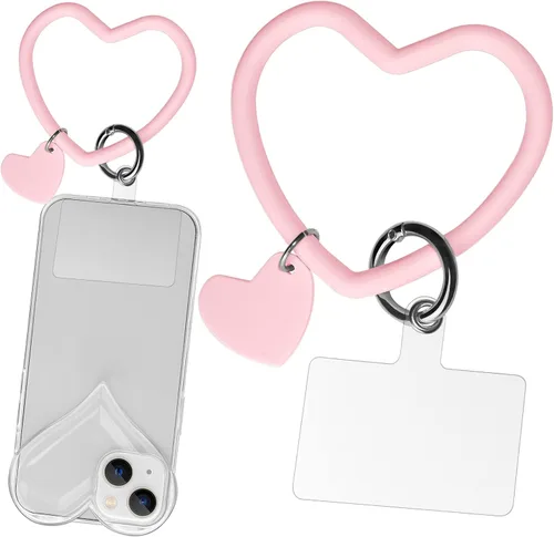 Vista 21 de Correa de silicona con forma de corazón para teléfono, correa de muñeca para teléfono celular con soporte para llaves, universal compatible