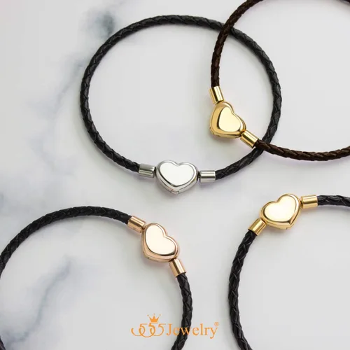 Vista 5 de 555Jewelry Pulsera trenzada de cuero negro con forma de corazón para mujeres y niñas