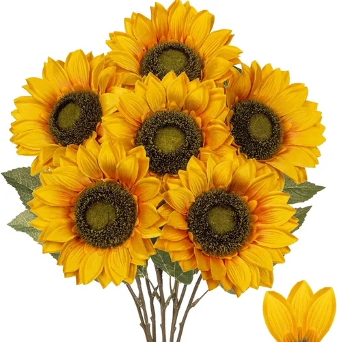 Vista 11 de Girasoles artificiales de seda grandes de color naranja, flores de otoño artificiales de tallo largo de 26 pulgadas, 6 piezas de girasoles falsos