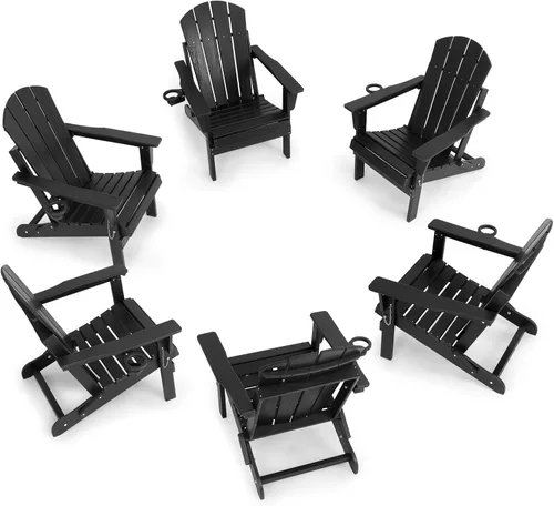 Vista 11 de Silla Adirondack plegable de HDPE, silla de patio al aire libre con soporte para tazas, silla de césped de grano de madera resistente a