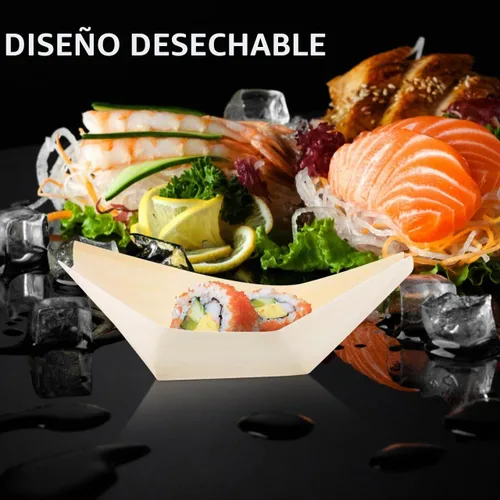 Vista 6 de Hemoton Platos de madera desechables de bambú para barcos de madera, mini sushi, bandeja para servir sushi, bandeja para servir sushi con hojas