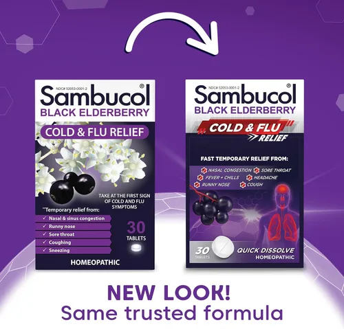 Vista 2 de Tabletas para el alivio del resfriado y de la gripa Sambucol Black Elderberry, 30 tabletas (2 paquetes) Homeopathic Black Elderberry Cold