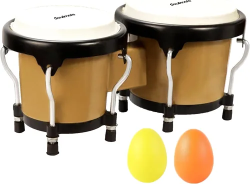 Vista 8 de Juego de Bongós Soulmate para Niños, Principiantes y Adultos de 4" y 5" - Bongós de Percusión Transparentes con Llave de Afinación, Acabado Natural