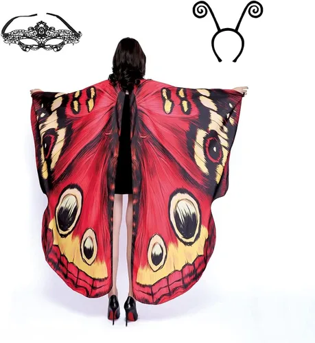 Vista 7 de Sevendec Alas de mariposa para mujer, disfraces de Halloween, alas de hada, tela suave para adultos, con máscara facial para fiesta, accesorio