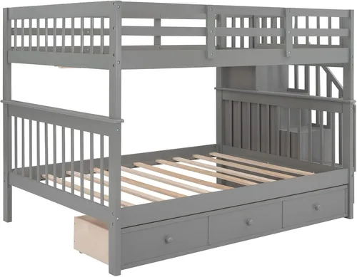 Vista 5 de Literas de tamaño matrimonial con cajones y escaleras, marco de cama de madera con almacenamiento para niños, adolescentes y adultos, desmontable