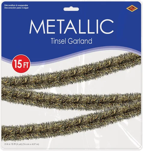 Vista 5 de Beistle Guirnalda metálica de oropel para decoración del árbol de Navidad, decoración colgante de fiesta de Año Nuevo, 3 x 15 pies, negro/dorado