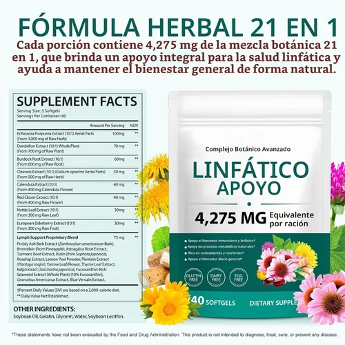 Vista 3 de Suplemento de drenaje linfático a base de hierbas, 4275 mg de limpieza con equinácea, diente de león, raíz de bardana, apoya la circulación