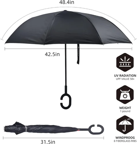 Vista 4 de SY COMPACT Paraguas invertido resistente al viento de doble capa con mango en forma de C, paraguas recto para automóvil, tienda de lluvia