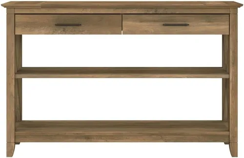 Vista 4 de Bush Home Key West - Mesa consola con cajones y estantes en pino recuperado, solución de almacenamiento para sala de estar con estantería