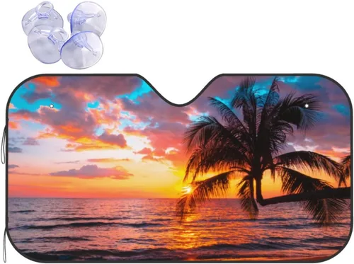 Vista 8 de Parasol de parabrisas con palmera de playa Hawaii tropical costa de verano amanecer, protector frontal plegable, visera solar para automóvil que