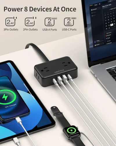 Vista 2 de HOPOW Cable de extensión con enchufe plano, regleta de 6 pies ultra delgada, 4 tomas de CA con amplio espacio y 4 puertos USB (2 USB-C), sin