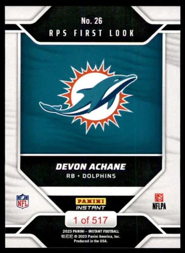 Vista 2 de Football NFL 2023 Panini Instant RPS First Look #26 Devon Achane Dolphins
