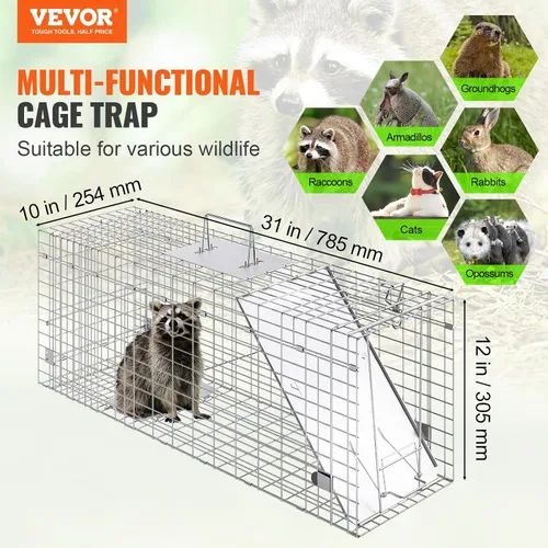 Vista 2 de VEVOR Trampa de jaula para animales vivos, 31 x 10 x 12 pulgadas, trampa para gatos humanitarios de hierro galvanizado, trampa plegable