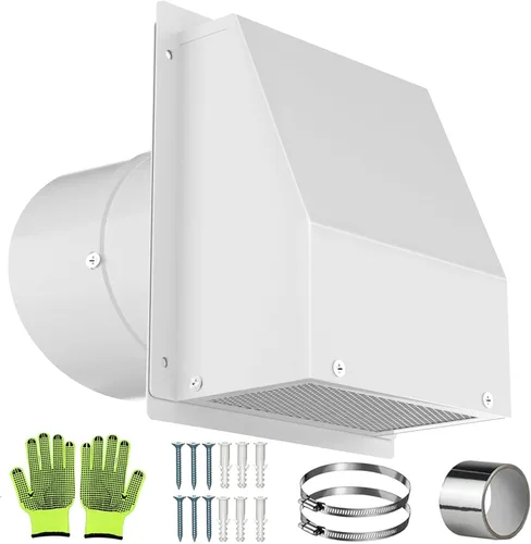 Vista 8 de Cubierta de ventilación de secadora de 4 pulgadas, ventilación de pared con capucha con pantalla y amortiguador, cubiertas de ventilación de acero