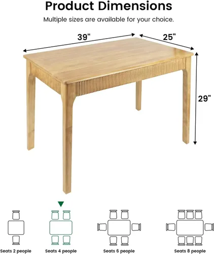 Vista 3 de Mesa de comedor de madera maciza de 39 pulgadas para 2-4, mesa rectangular moderna de madera real, diseño acanalado de mediados de siglo