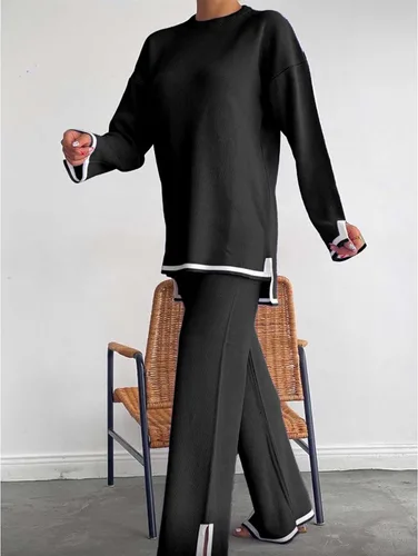 Vista 5 de MaLinfandor Conjunto de 2 piezas de suéter de punto para mujer, sudadera de manga larga, pantalones elásticos de pierna ancha, conjunto de ropa