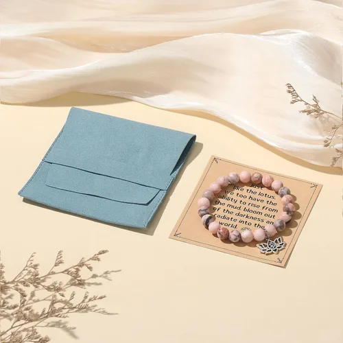 Vista 6 de MIXJOY Regalos espirituales de yoga para mujeres, pulsera elástica de cuentas rosas de piedra natural de flor de loto, regalo de energía Reiki