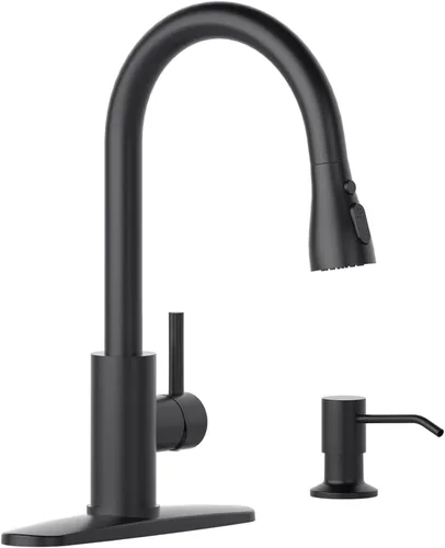 Vista 7 de APPASO Grifo de cocina dorado con dispensador de jabón, grifos de fregadero de acero inoxidable S304 de una sola manija con rociador desplegable