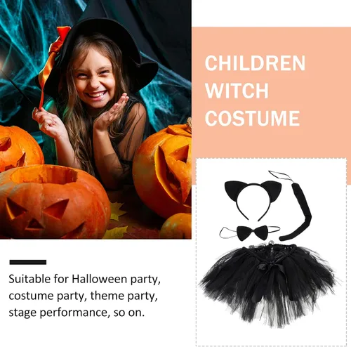 Vista 8 de NUOBESTY Diadema con orejas de gato para Halloween, disfraces de cosplay para niña, falda de gatito, diadema con lazo para fiesta (negro) talla M