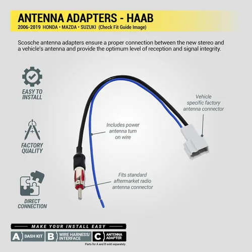 Vista 4 de Scosche HAAB - Adaptador de antena para estéreo de automóvil compatible con vehículos Honda, Mazda y Suzuki seleccionados 2006-19 - Adaptador