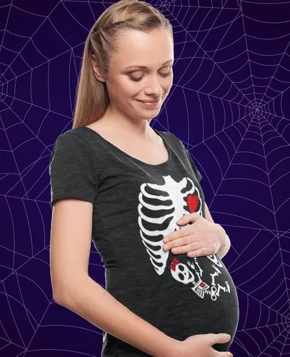 Vista 4 de Camisa de maternidad de Halloween con diseño de esqueleto para bebés y niñas, camisas a juego para parejas